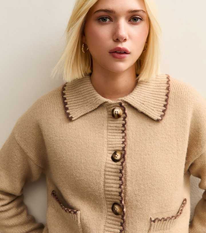 Brown Blanket Stitch Collared Cardigan