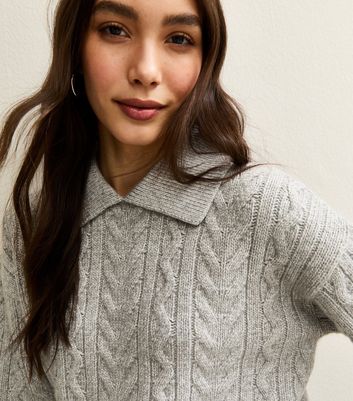 Grey Cable Knit Rib Collar Jumper