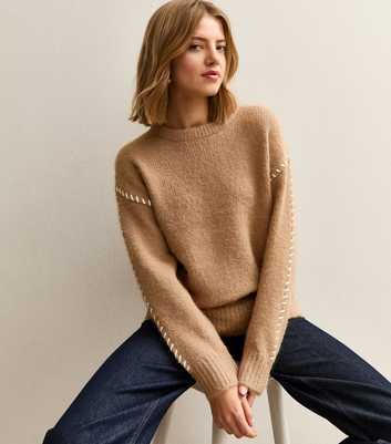 Brown Contrast Stitch Brushed Jumper