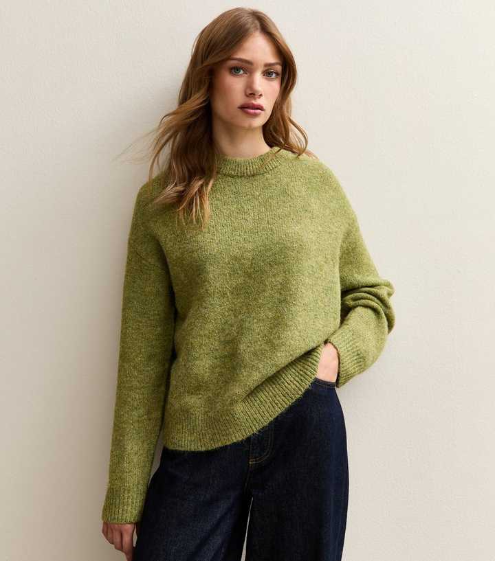 Mid Green Crew Neck Oversized Textured Knit Jumper