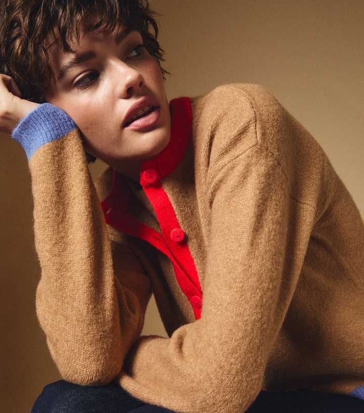Camel Red and Blue Trim Colour Block Cardigan