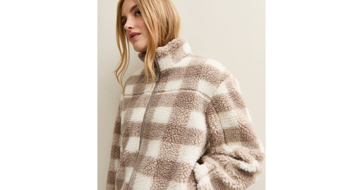 Brown Checked Borg Jacket New Look