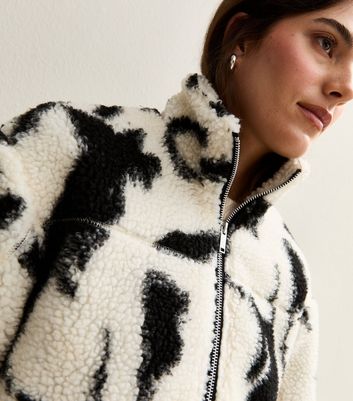 Black Abstract Print Borg Jacket