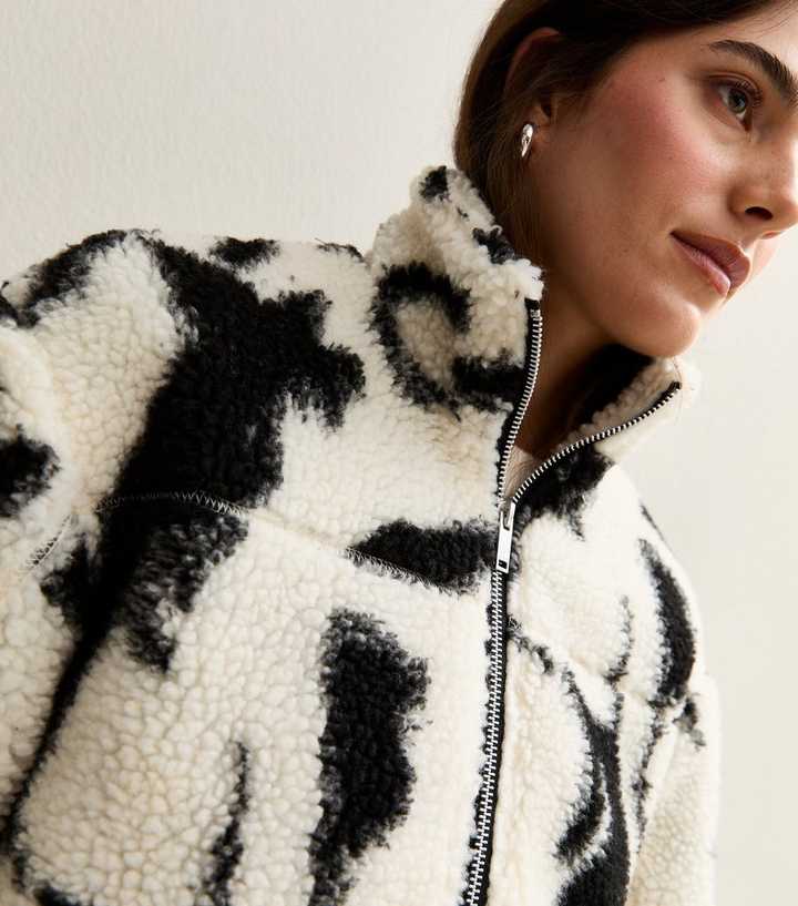 Black Abstract Print Borg Jacket