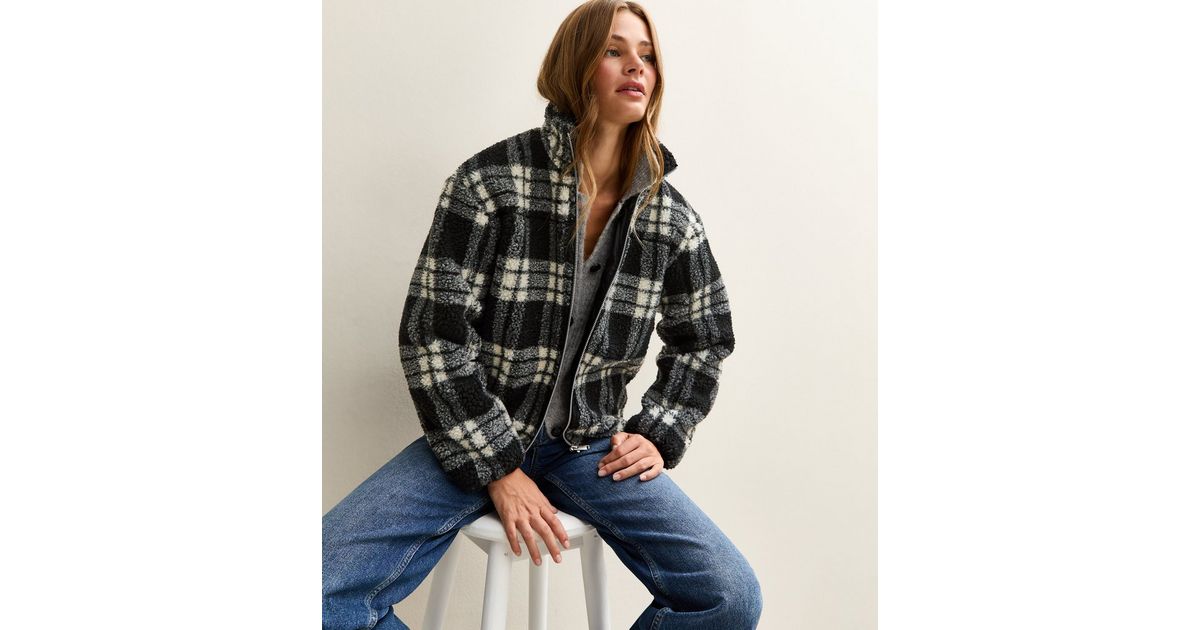 Black Checked Borg Jacket New Look