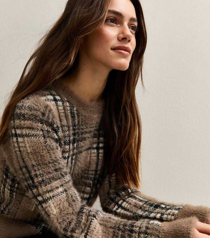 Petite Brown Fluffy Check Jumper