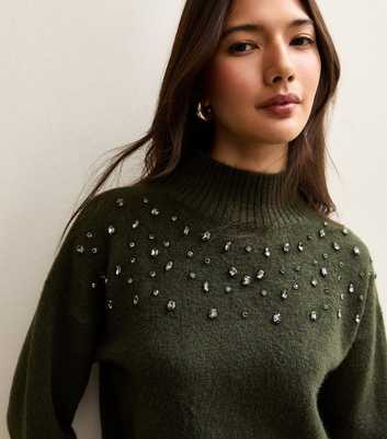 Dark Khaki Diamante High Neck Jumper