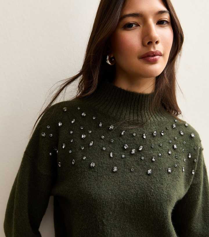 Dark Khaki Diamante High Neck Jumper