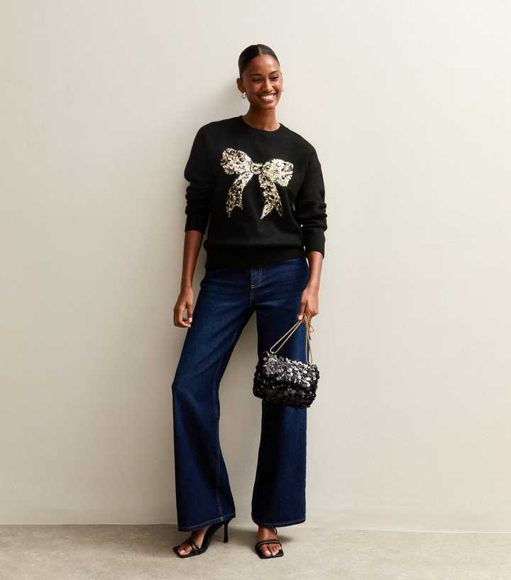 Black Sequin Bow Crew Neck Jumper