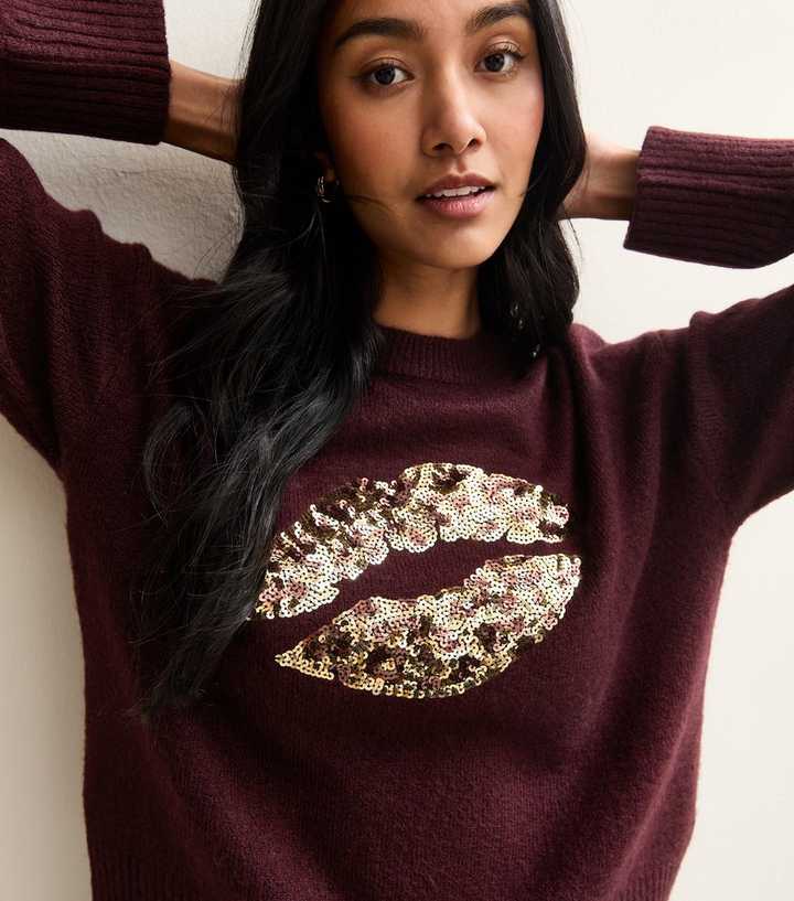 Dark Red Sequin Lips Crew Neck Jumper
