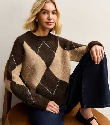 Brown Argyle Pattern Crew Neck Jumper