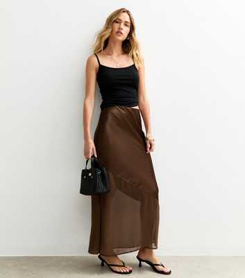 Brown Asymmetric Panelled Satin And Chiffon Midi Skirt