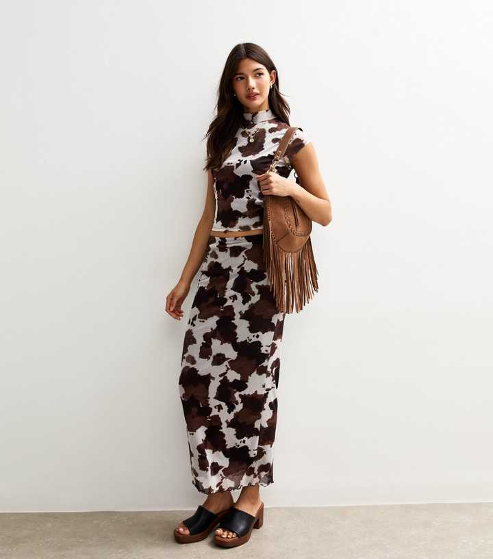 Brown Cow Print Mesh Midi Skirt