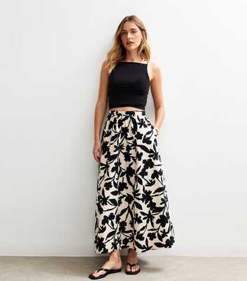 Black Floral Print Poplin Cotton Midi Skirt