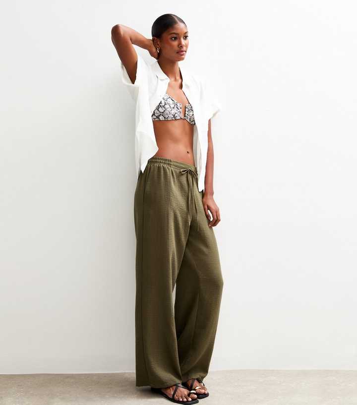 Dark Khaki Linen Look Wide Leg Trousers
