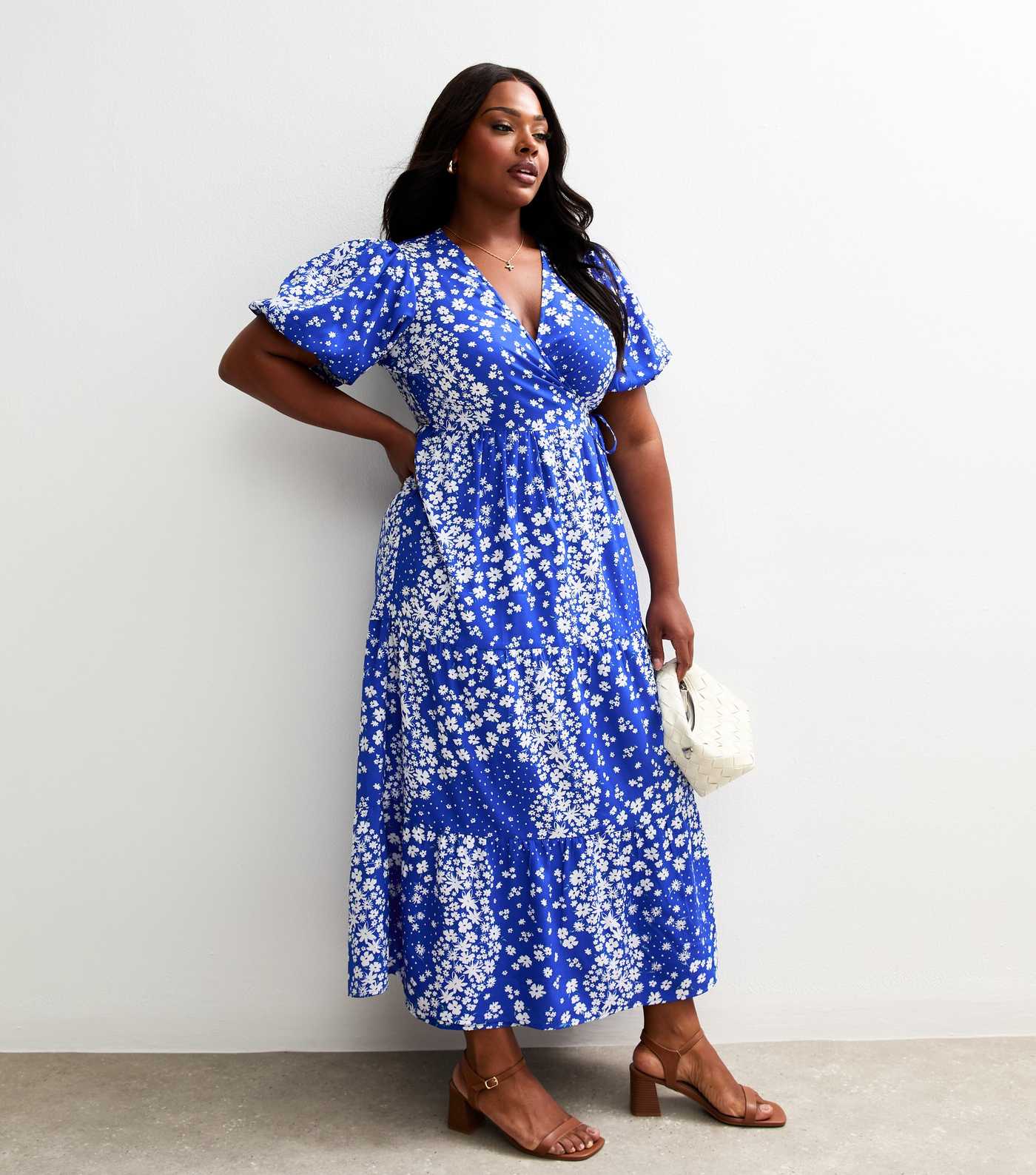 Curves Blue Crepe Ditsy Print Wrap Midi Dress