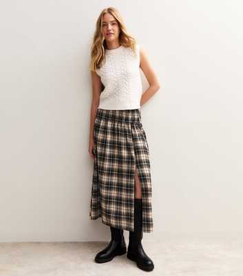 Black Check Slit Hem Midi Skirt