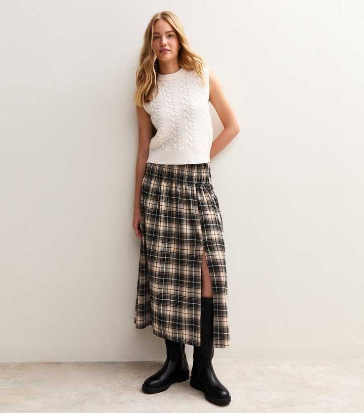 Black Check Slit Hem Midi Skirt