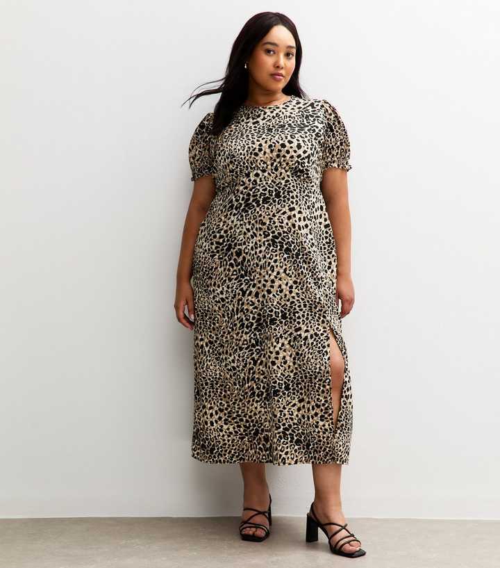 Curves Brown Leopard Crepe Short Sleeve Midi Dress