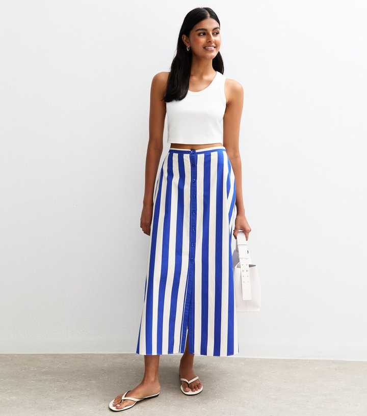 Blue Stripe Print Poplin Button Front Midi Skirt