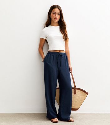 Petite Navy Linen Look Wide Leg Trouser