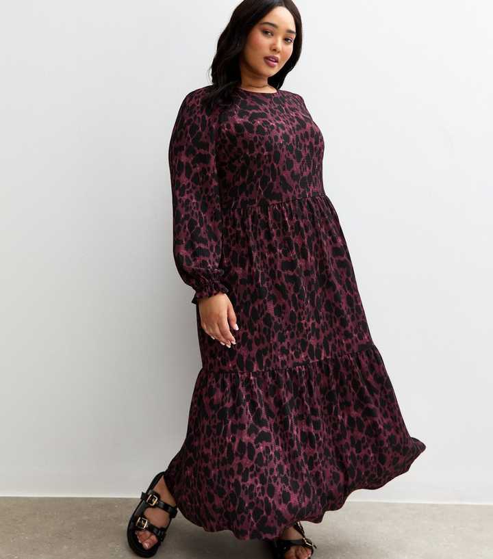 Curves Red Leopard Print Crinkle Smock Midi Dress