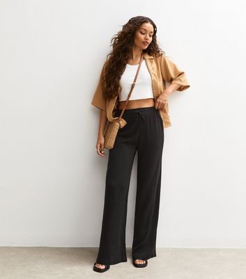 Petite Black Linen Look Wide Leg Trousers | New Look