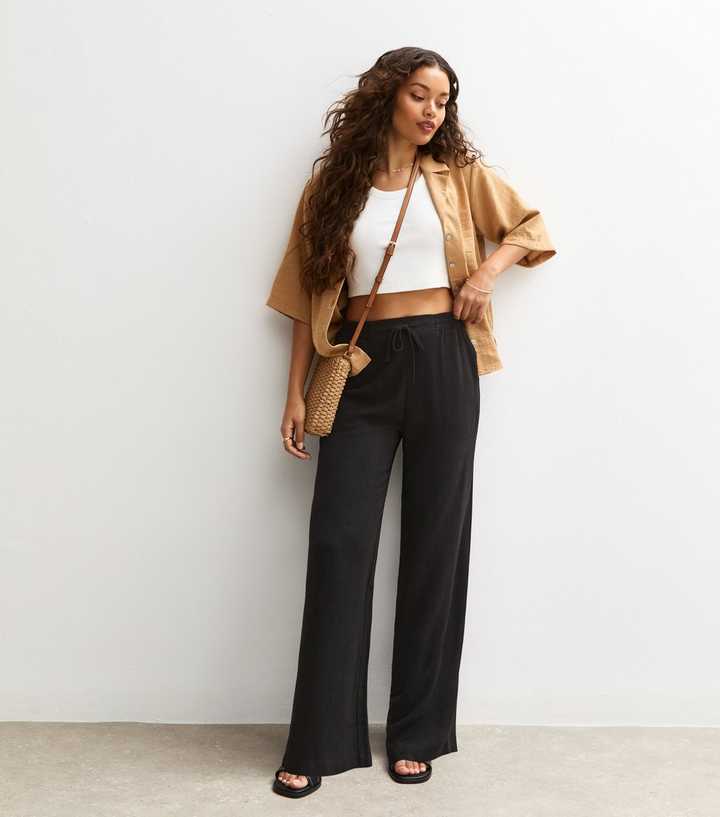 Petite Black Linen Look Wide Leg Trousers