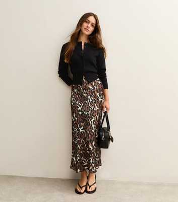 Petite Brown Leopard Print Satin Midi Skirt