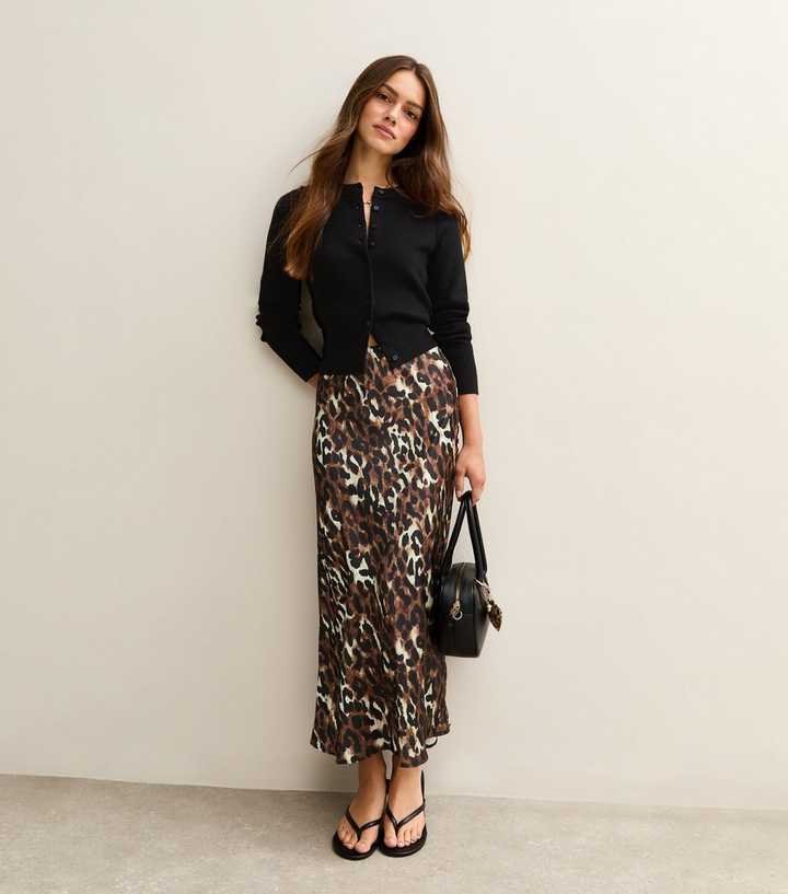 Petite Brown Leopard Print Satin Midi Skirt New Look
