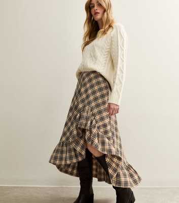 Brown Checked Ruffle Hem Midi Skirt