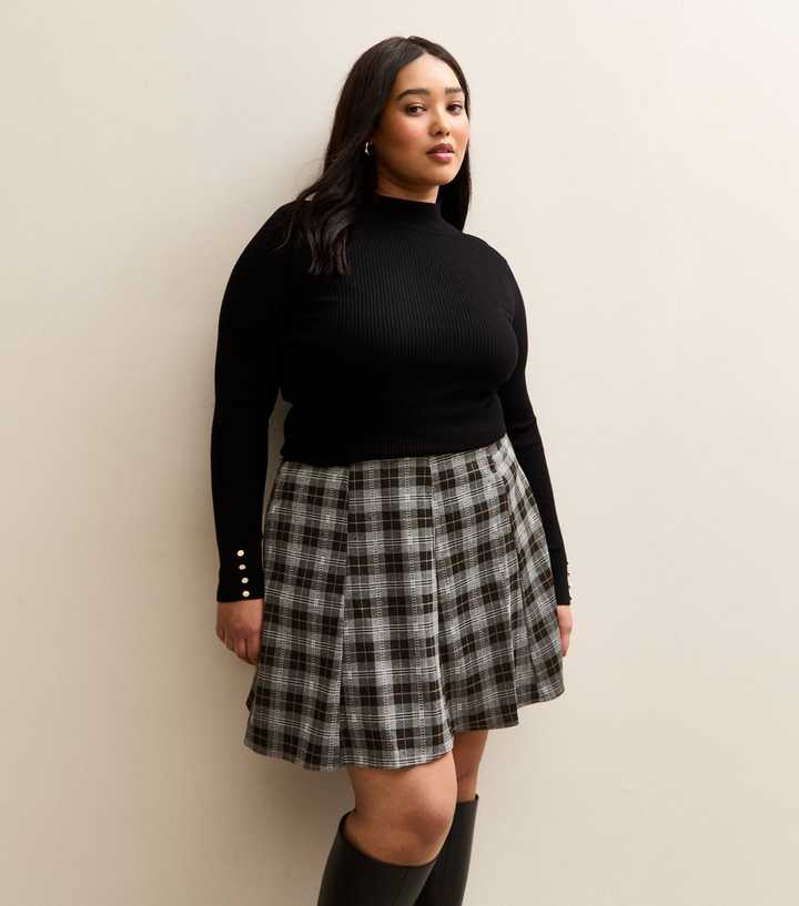 Curves Grey Checked Pattern Mini Skirt