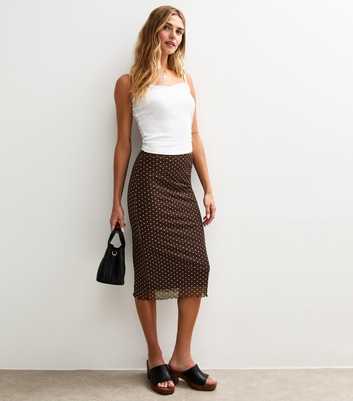Brown Spot Print Mesh Midi Skirt