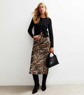 Tall Brown Leopard Print Satin Midi Skirt