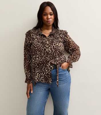 Curves Brown Animal Print Ruffle Trim Tie Neck Blouse
