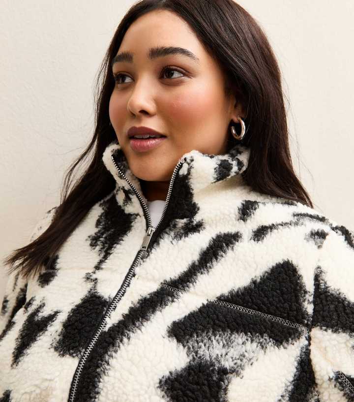 Curves Black Abstract Print Textured Borg Jacket