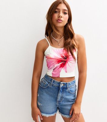 Girls White Hibiscus Print Cropped Vest Top | New Look
