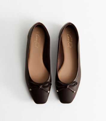 Brown Faux Leather Square Toe Ballerina Flats