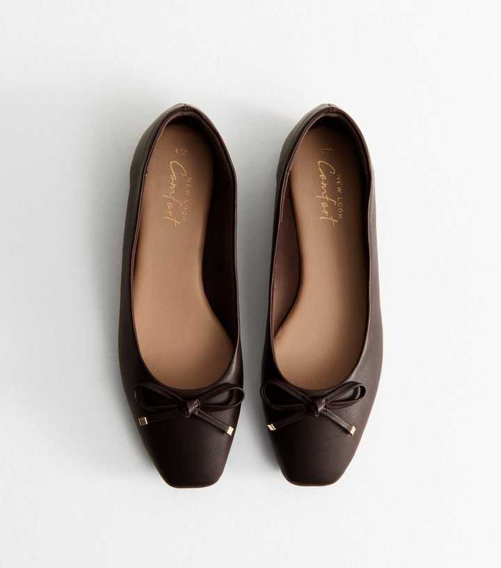 Brown Faux Leather Square Toe Ballerina Flats