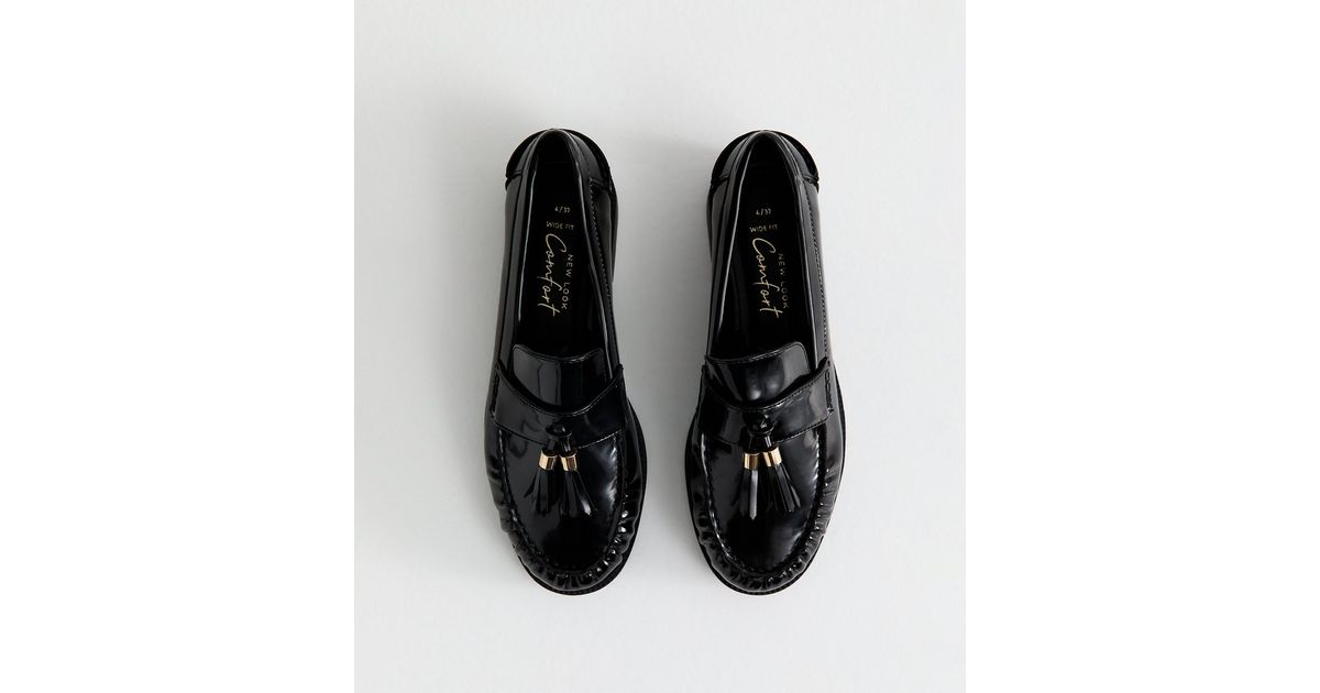 Wide Fit Black Patent Faux Leather Tassel Detail Loafers | New Look