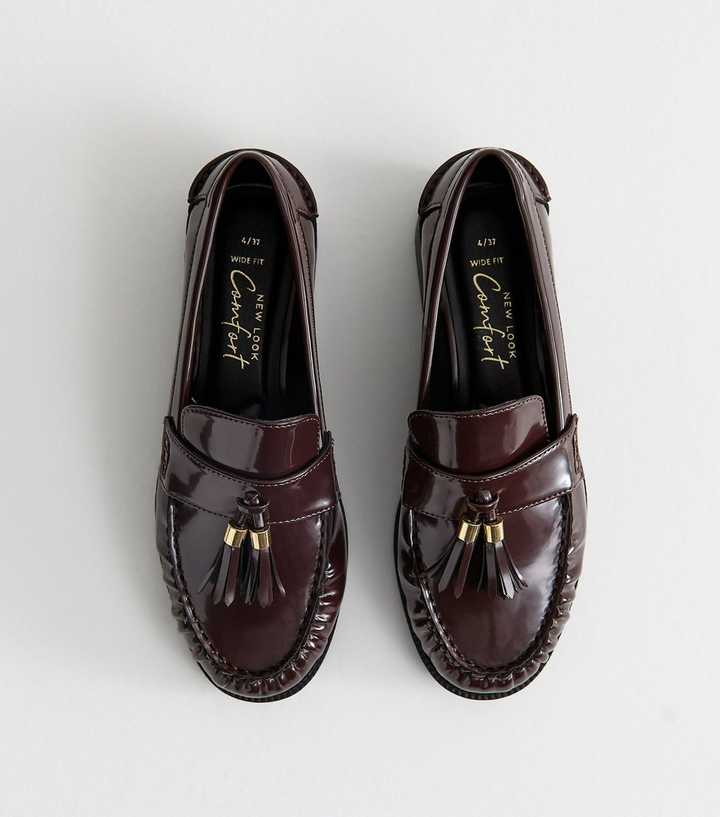 Wide Fit Dark Burgundy Patent Faux Leather Tassel Detail Loafers