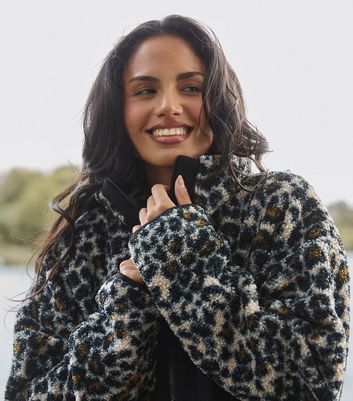 South Beach Brown Leopard Print Borg Jacket