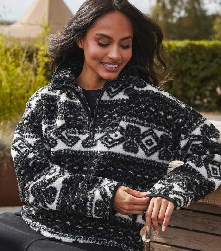 South Beach Black Patterned Borg Quarter Zip Jacket