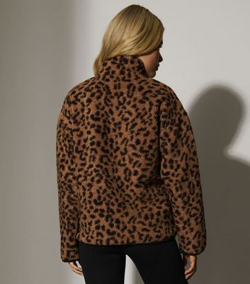 South Beach Brown Leopard Print Borg Quarter Zip Jacket