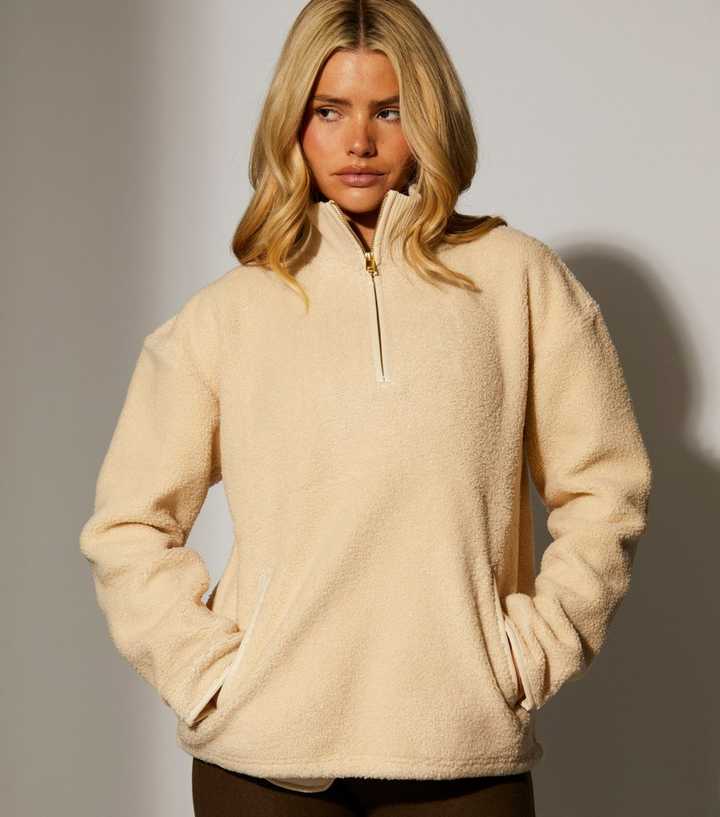 South Beach Cream Fleece Back Faux Shearling Quarter Zip Jumper