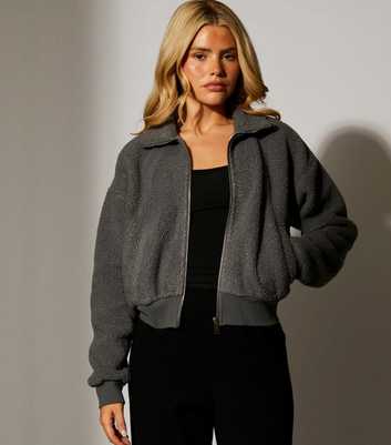 South Beach Grey Fleece Back Faux Shearling Zip Front Crop Jacket
