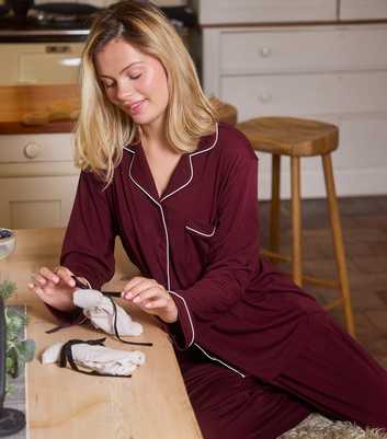 Loungeable Dark Purple Contrast Piping Shirt and Trousers Pyjama Set