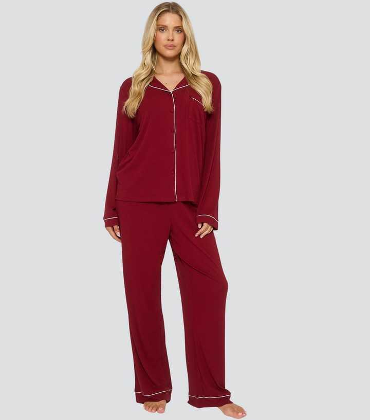 Loungeable Dark Red Contrast Piping Shirt and Trousers Pyjama Set