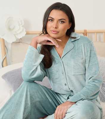 Loungeable Sage Green Super Soft Velour Buttoned Pyjama Set