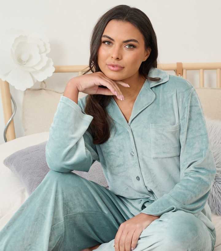 Loungeable Sage Green Super Soft Velour Buttoned Pyjama Set